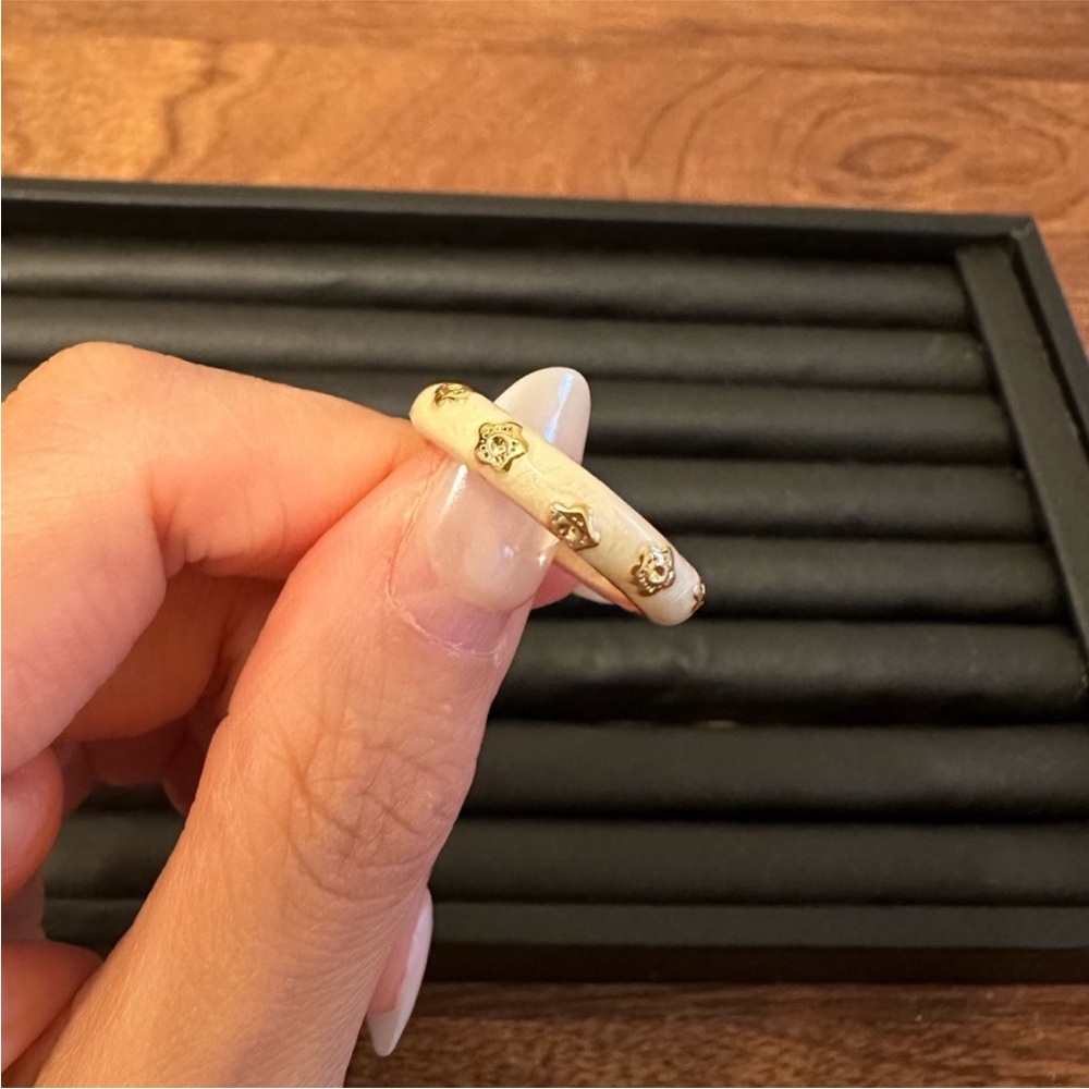 Women’s Vintage Enamel White Zircon Gold Flower Adjustable Ring Size 7.25